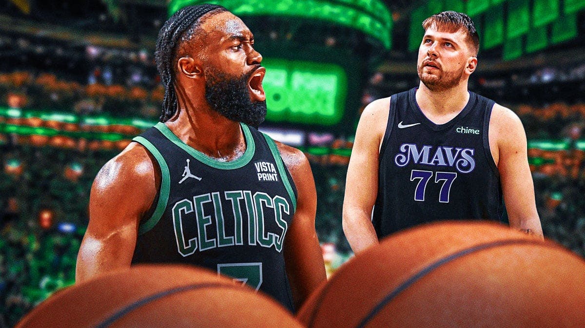 Boston Celtics star Jaylen Brown and Dallas Mavericks star Luka Doncic in front of TD Garden.