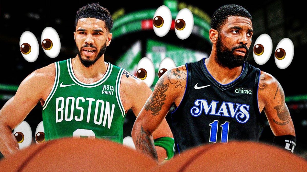 Jayson Tatum and Kyrie Irving with a bunch of the big eyes emojis in the background