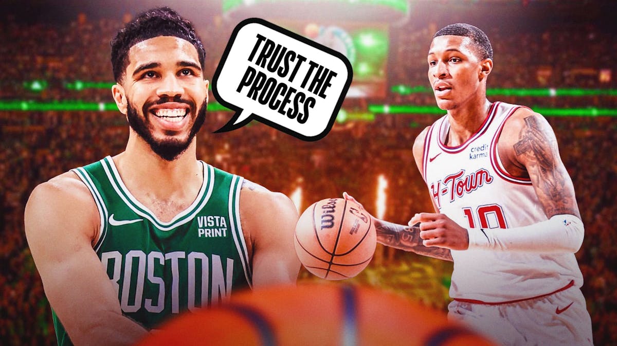 Jayson Tatum smiling on a TD Garden background next to Jabari Smith Jr. (in a rockets jersey). Tatum can have a speech bubble saying "Trust the process"