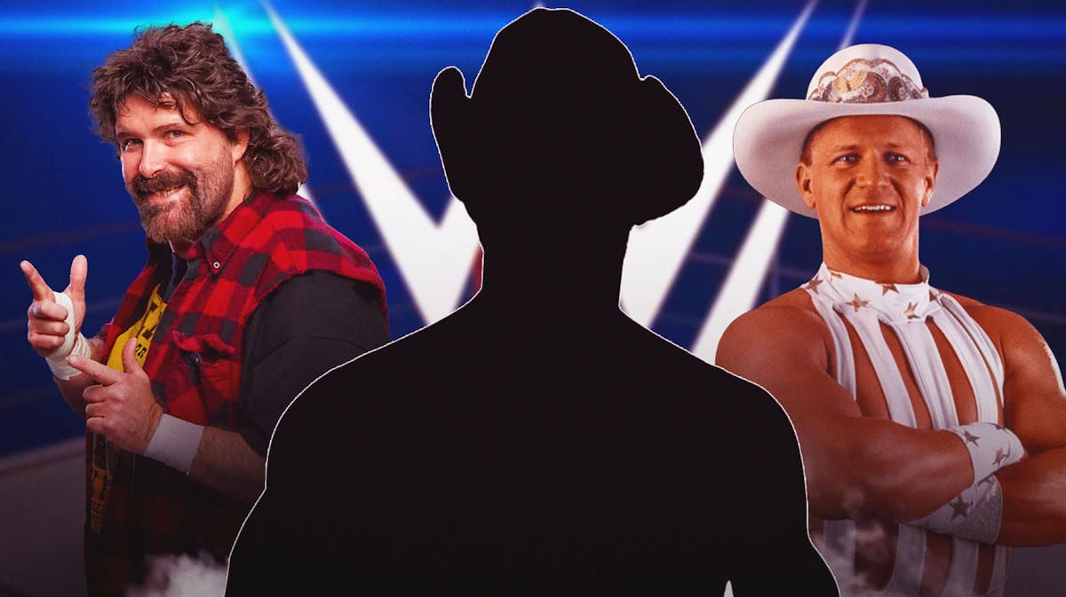 The blacked-out silhouette of Shawn Michaels in the middle with Mick Foley on his left, Jeff Jarrett on his right, and the WWE logo as the background.