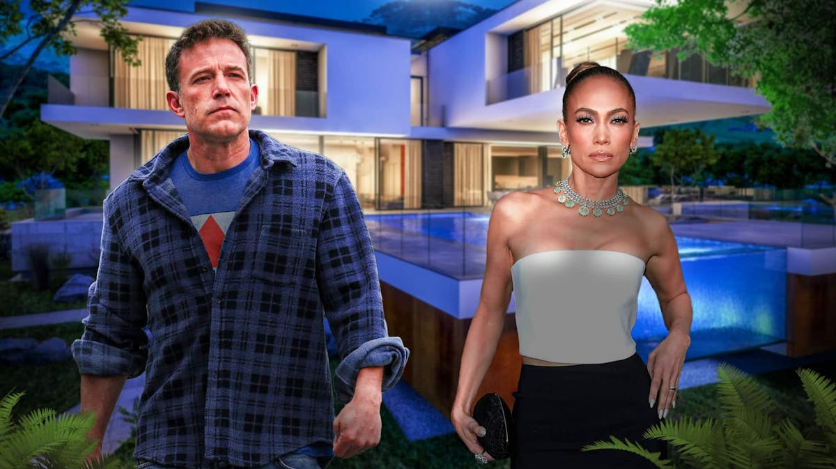 Jennifer Lopez and Ben Affleck with a mansion behind them