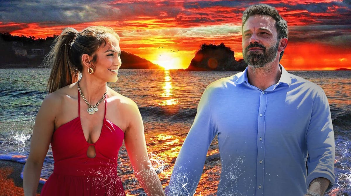 Jennifer Lopez and Ben Affleck with a sunset in the background