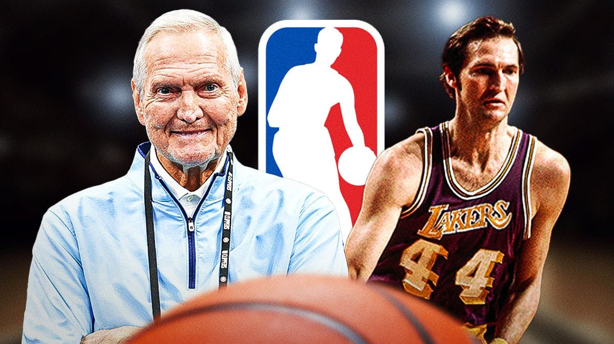 Jerry West young and old with NBA logo in background