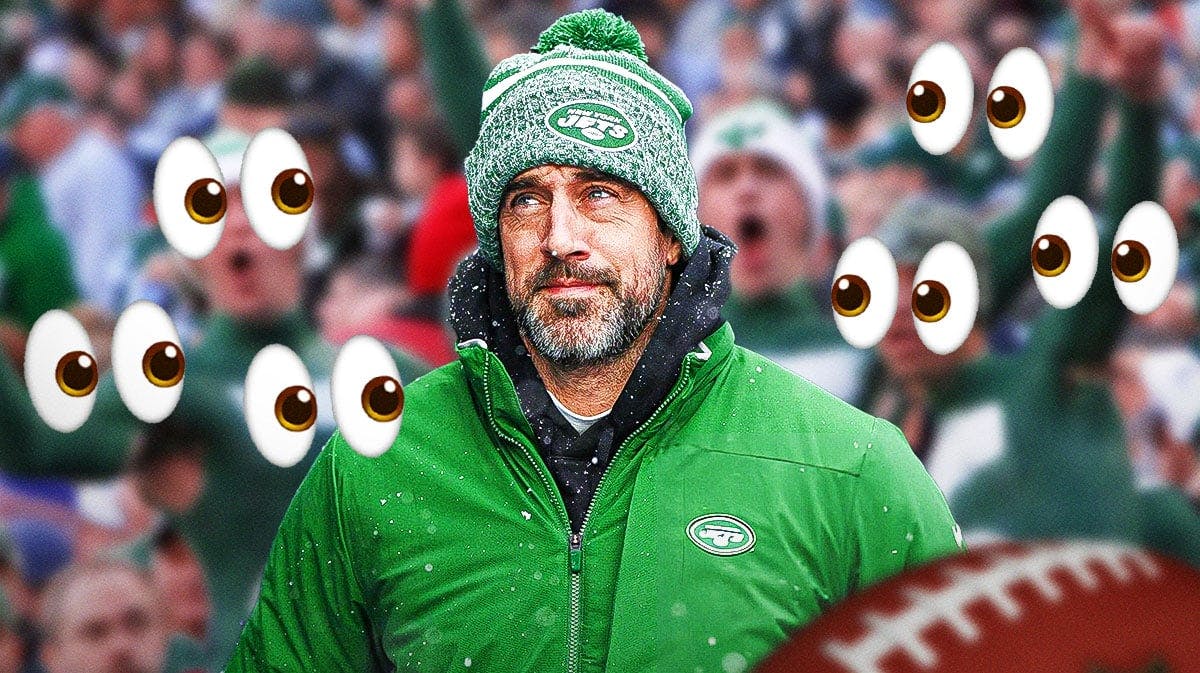 Aaron Rodgers on one side, a bunch of New York Jets fans on the other side with the big eyes emoji over their faces