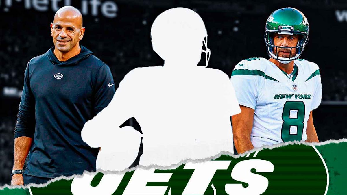 Aaron Rodgers and Robert Saleh with mystery player silhouette