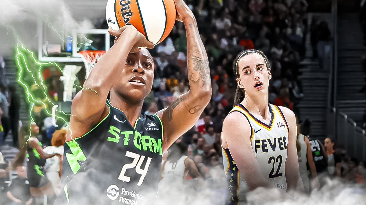 Seattle Storm player Jewell Loyd in the foreground, shooting a basketball, with the background of the image as if she is in a "storm" with lightning and rain. Somewhere also in the background please add a cut-out of Indiana Fever player Caitlin Clark, with a frustrated, sad or neutral expression.