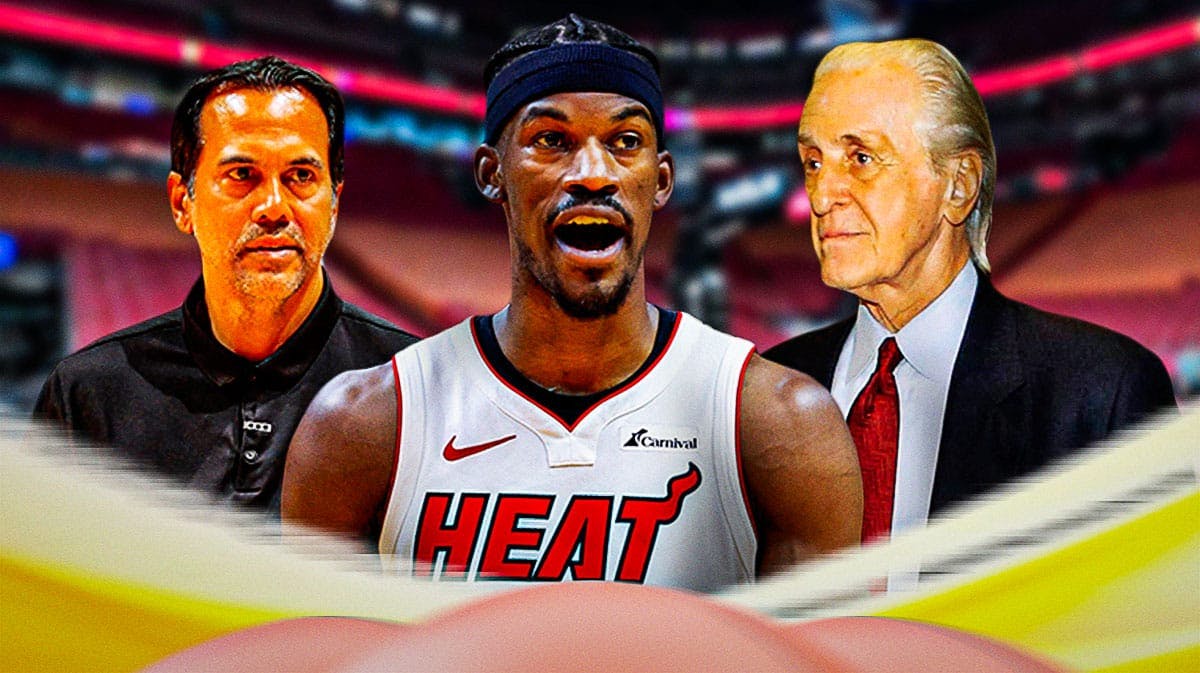 Miami Heat star Jimmy Butler next to head coach Erik Spoelstra and Pat Riley in front of Kaseya Center.