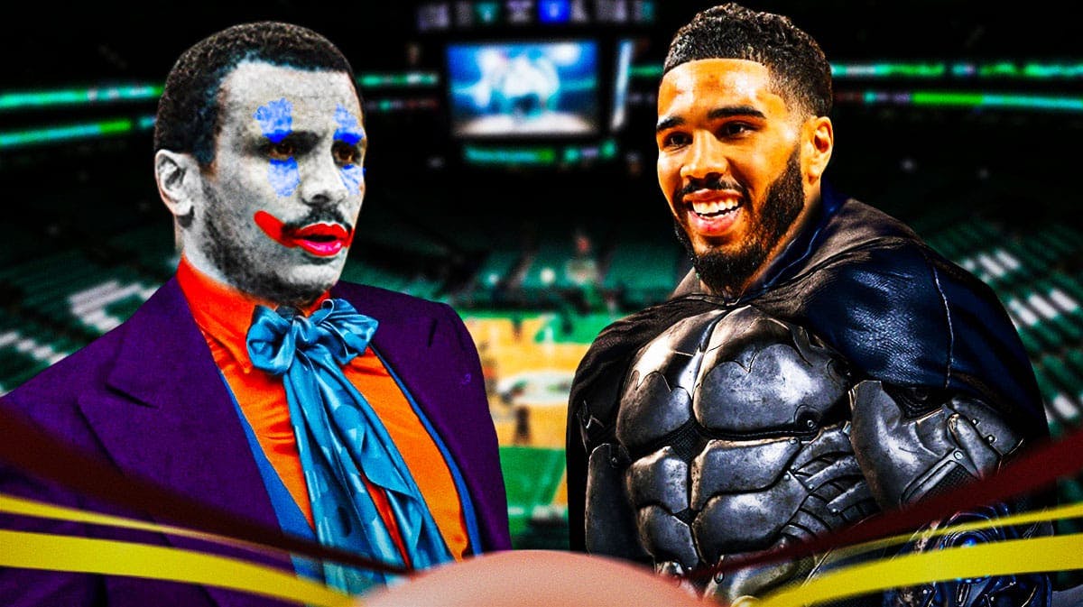 Boston Celtics head coach Joe Mazzulla and star Jayson Tatum as the Joker and Batman from The Dark Knight in front of TD Garden.