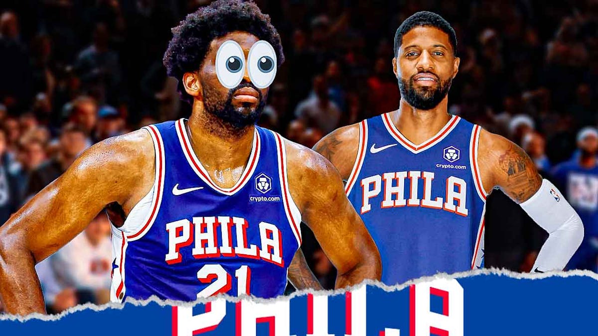 Photo: Joel Embiid with peeping eyes looking at Paul George, both in 76ers jerseys
