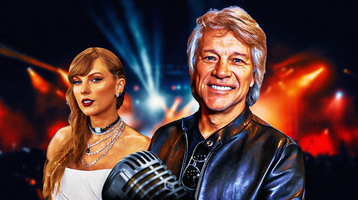 Taylor Swift and Jon Bon Jovi with concert background.