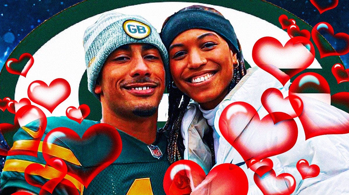 Green Bay Packers QB Jordan Love with fiancé Ronika Stone. They are surrounded by red heart emojis. There is also a logo for the Green Bay Packers.