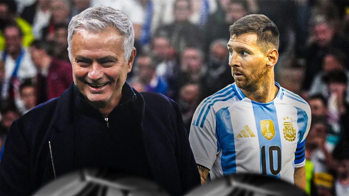 Jose Mourinho laughing next to Lionel messi