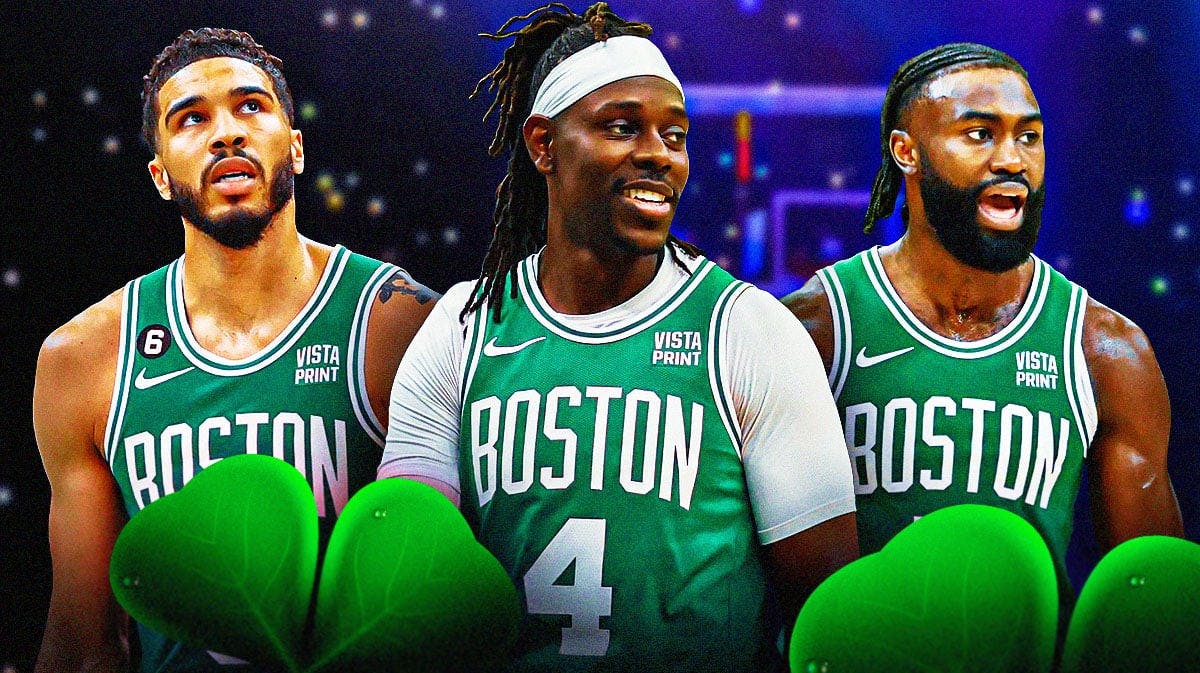 Jrue Holiday smiling in between Jayson Tatum and Jaylen Brown on a basketball court/generic background