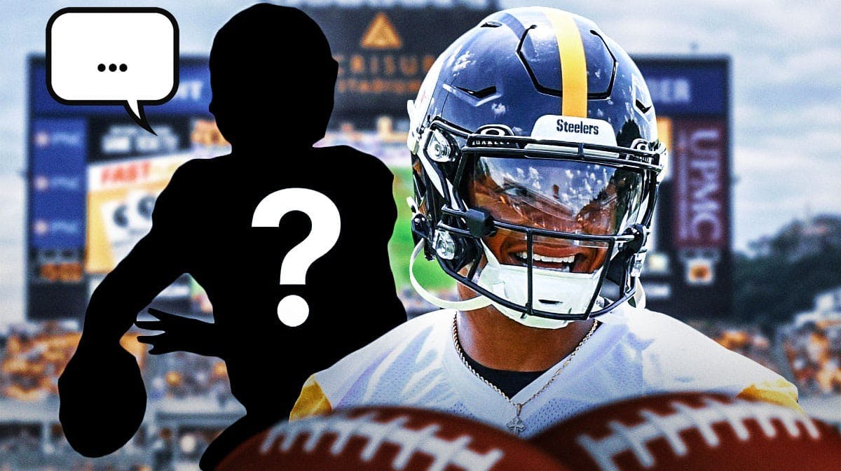 Pittsburgh Steelers QB Justin Fields next to a silhouette of an American football player with a big question mark emoji in the middle. The silhouette has a speech bubble with the three dots emoji inside. There is also a logo for the Pittsburgh Steelers.