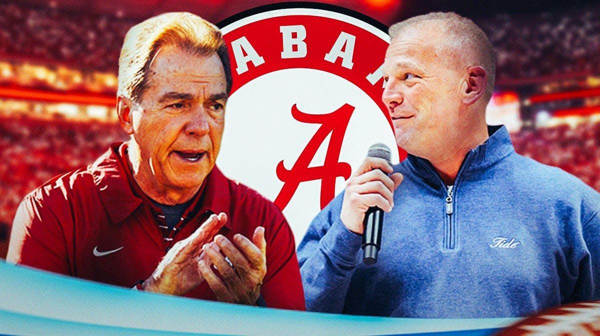 IMAGE: Alabama football head coach Kalen DeBoer with former Alabama head coach Nick Saban. They are next to a logo for the University of Alabama.