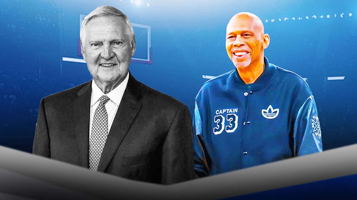Kareem and Jerry West beside each other. Jerry West is black and white.