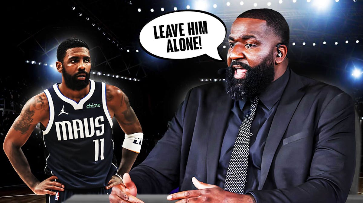 Kyrie Irving and Kendrick Perkins side-by-side. Kendrick Perkins speech bubble: "Leave him alone!"