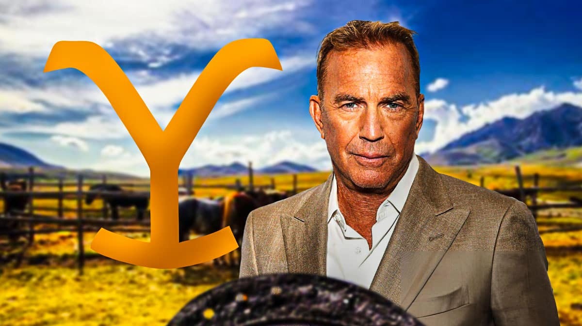 Yellowstone logo and ranch background with Kevin Costner.