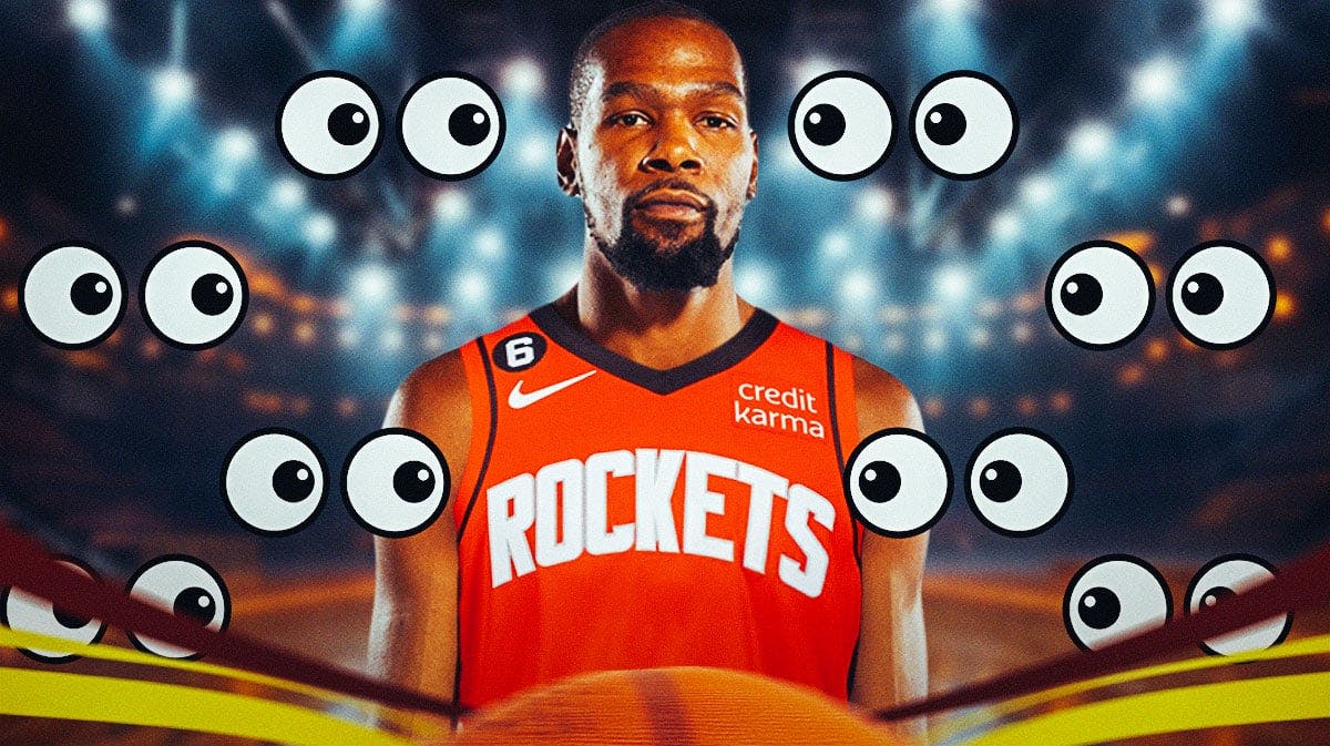 Kevin Durant in a Rockets uniform. Eyes emoji all over image.