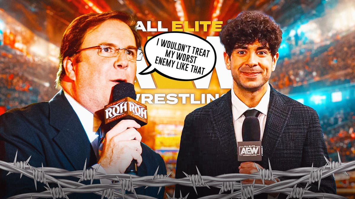 Wrestling announcer Kevin Kelly with a text bubble reading "I wouldn't treat my worst enemy like that" next to Tony Khan with the AEW logo as the background.
