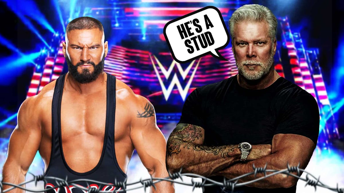 Kevin Nash with a text bubble reading "He’s a stud" next to Bron Breakker with the WWE logo as the background.