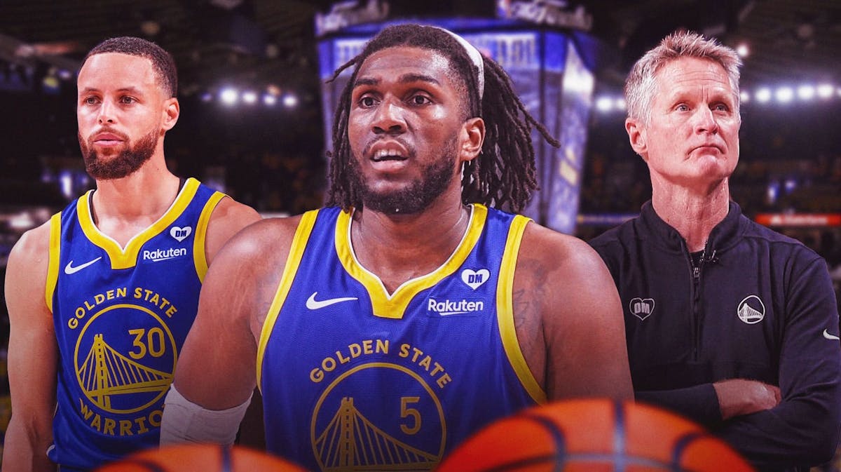 Kevon Looney with Stephen Curry and Steve Kerr in background