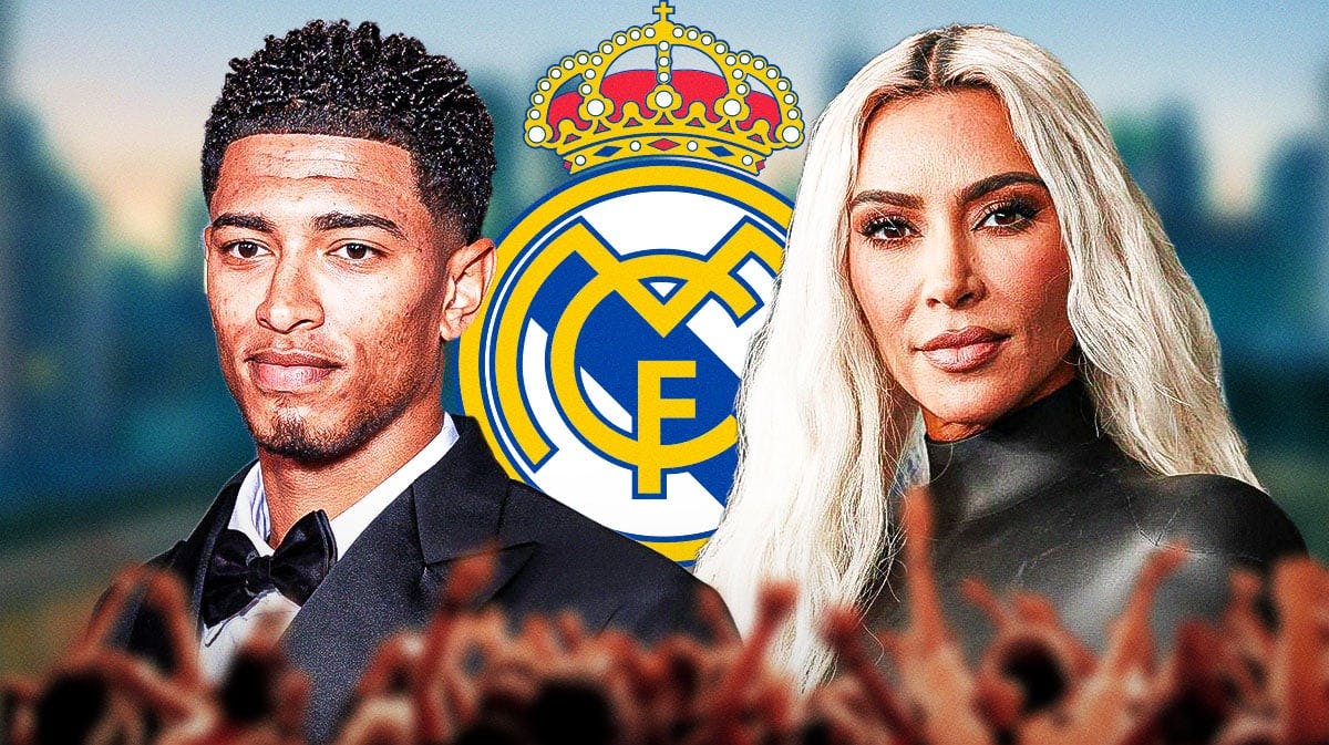 Kim Kardashian and Jude Bellingham in front of the Real Madrid logo