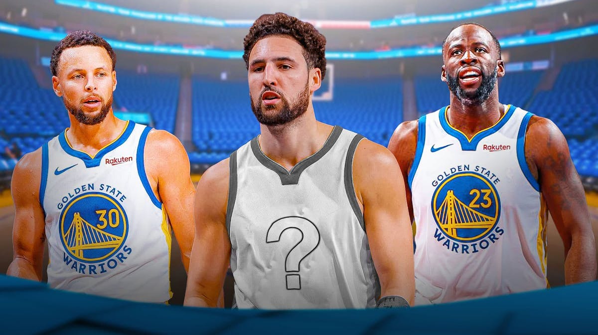 Warriors' Stephen Curry and Draymond Green with Klay Thompson photoshopped to be wearing jersey with question mark