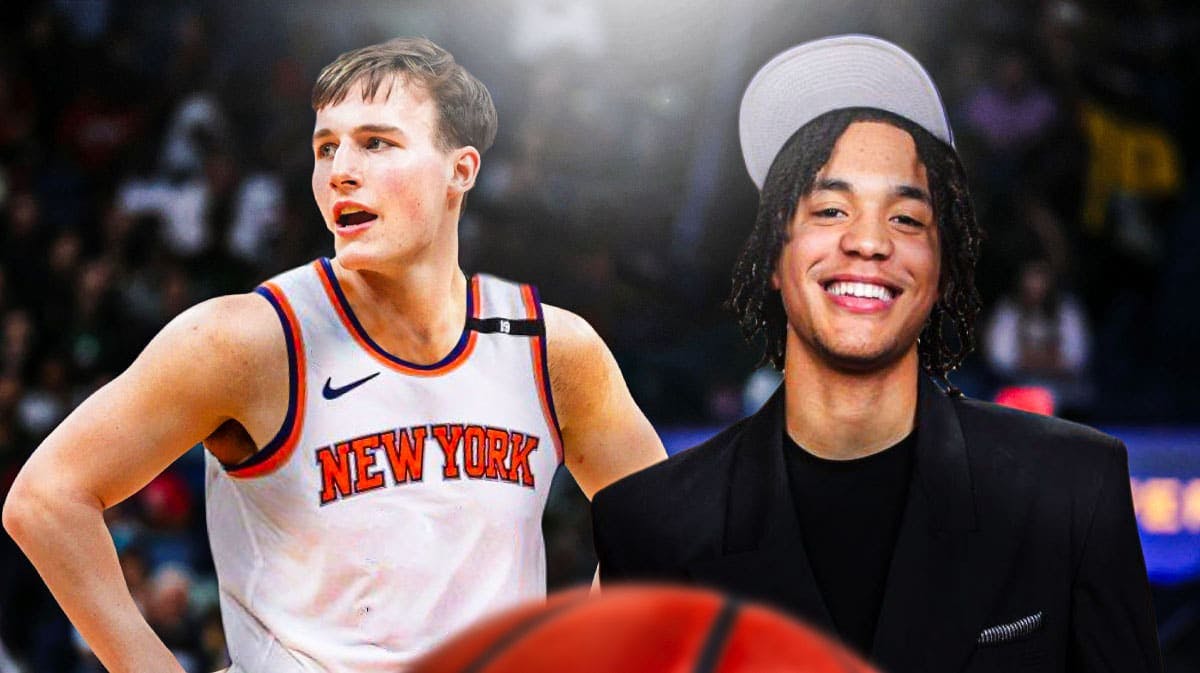 Tyler Kolek, Pacome Dadiet in Knicks NBA draft hat and jerseys.