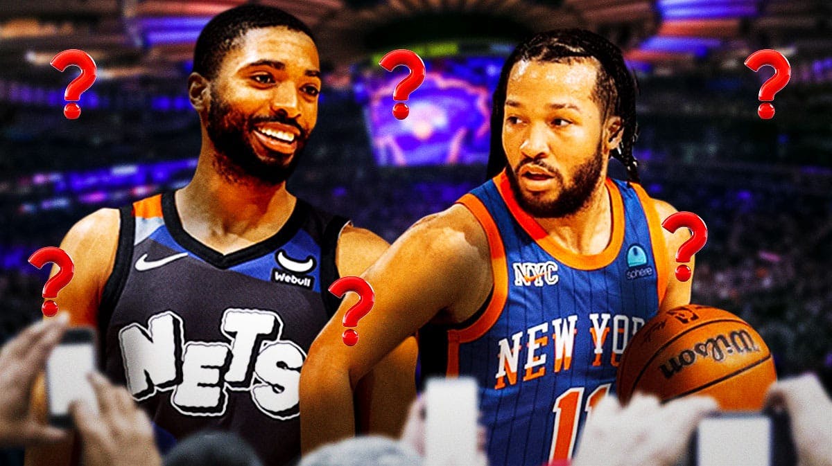 Jalen Brunson dribbling the ball with an outline of Mikal Bridges and a question mark over his head New York Knicks