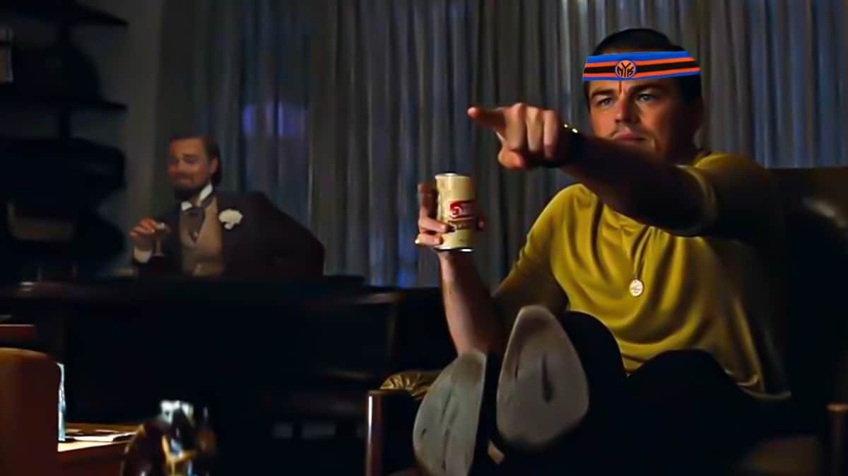 The Leonard pointing meme with New York Knicks headband