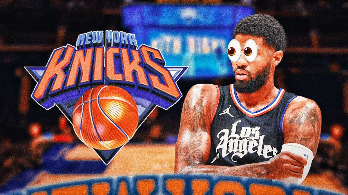 Paul George looks at Knicks logo with bulging eyes