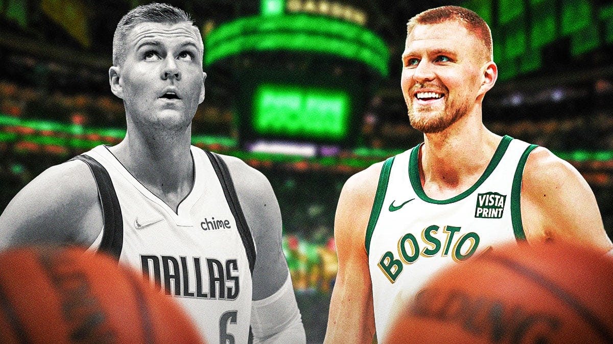 Celtics' Kristaps Porzingis smiling while looking at a sad version of himself with the Mavericks (in black and white)
