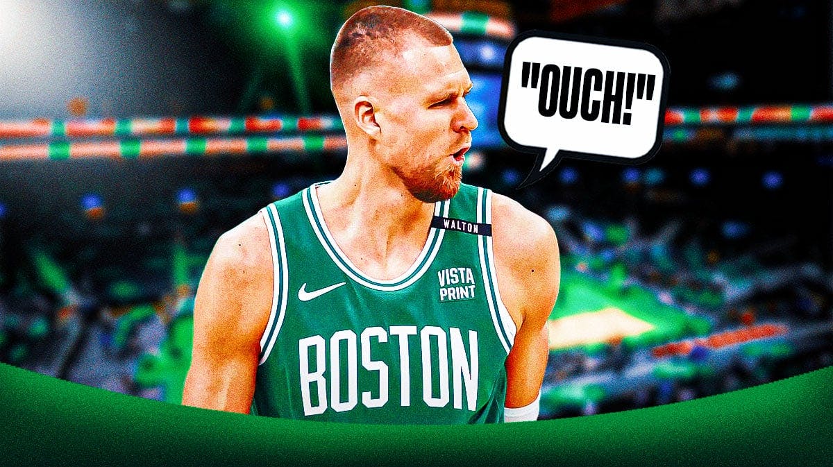 Celtics' Kristaps Porzingis saying "Ouch!"