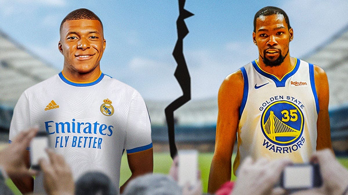 Kylian Mbappe in a Real Madrid uniform on the left, with 2016 Kevin Durant in a Warriors uniform on the right, with a huge crooked red line separating the two in the middle