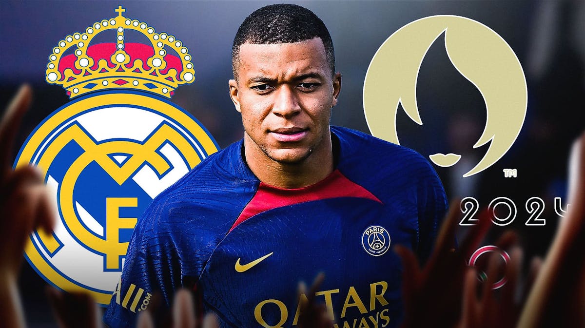 Kylian Mbappe in front of the Real Madrid and Paris Olympics logos