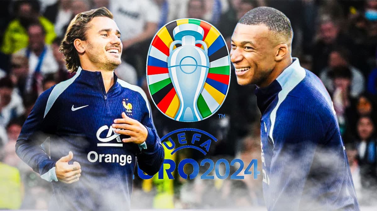 Kylian Mbappe and Antoine Griezmann laughing in front of the Euro 2024 logo