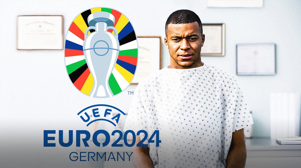 Kylian Mbappe in a hospital as a patient, the Euro 2024 logo on the wall