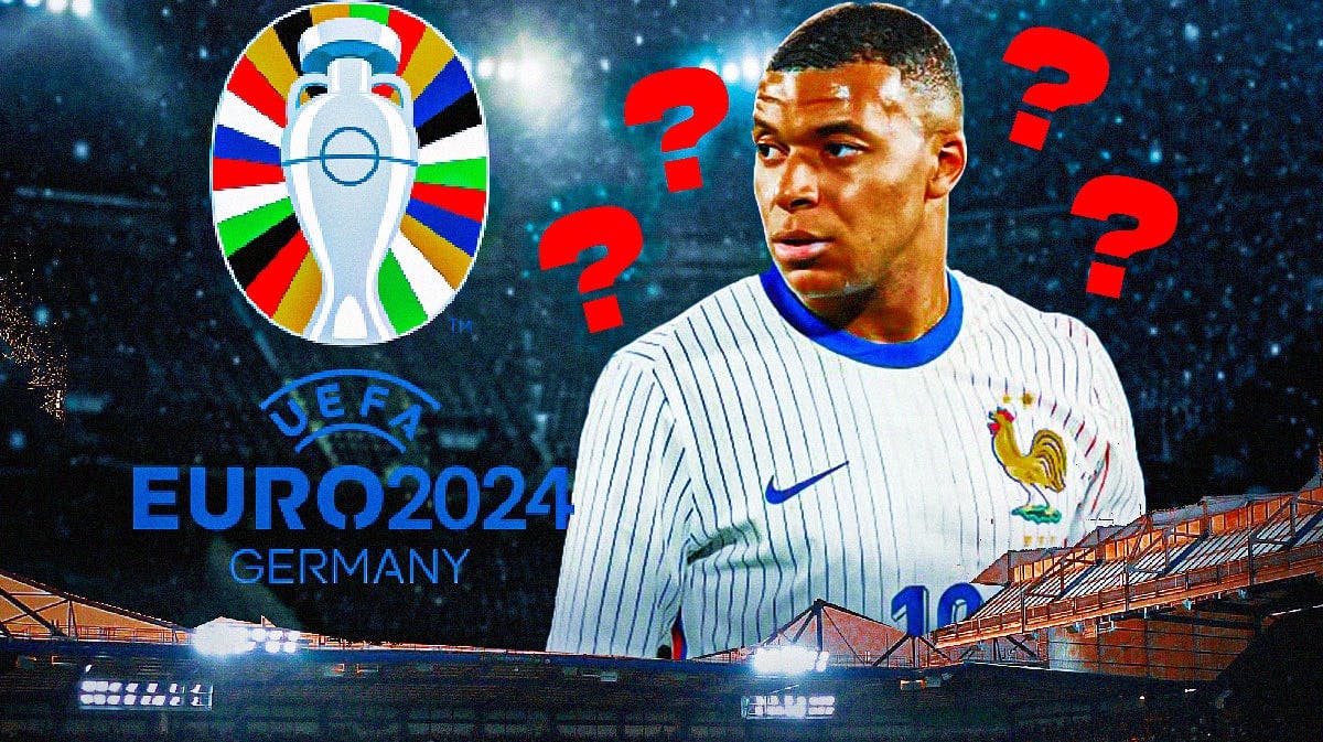 Kylian Mbappe in front of the Euro 2024 logo and questionmarks around him