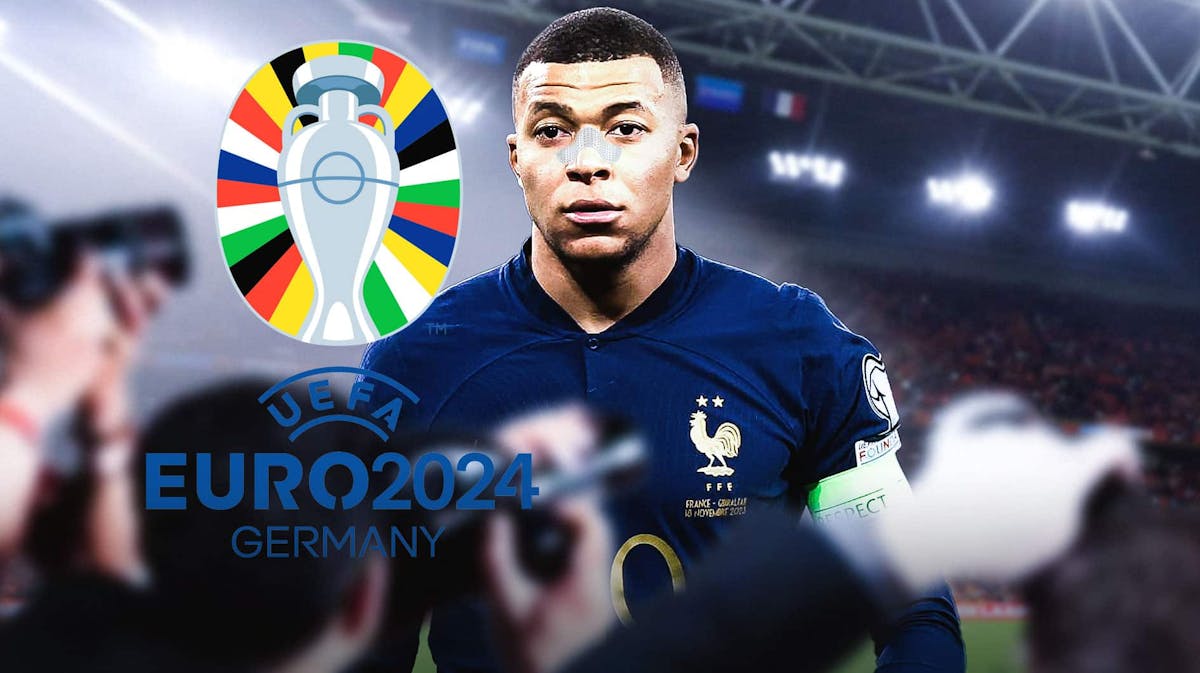Kylian Mbappe with a plaster on his nose in front of the Euro 2024 logo