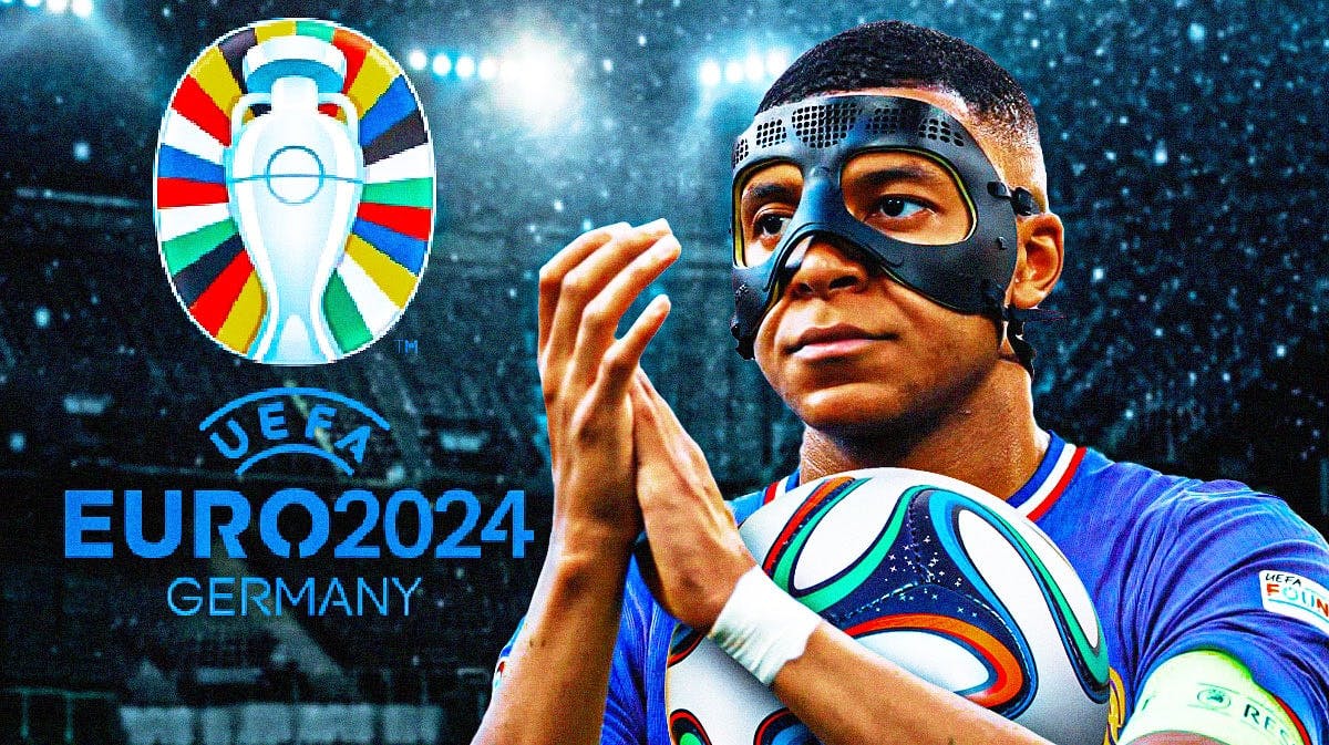 Kylian Mbappe in his facemask in front of the Euro 2024 logo