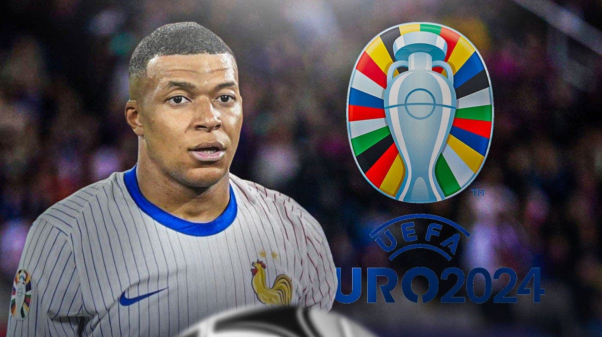 Kylian Mbappe in front of the Euro 2024 logo