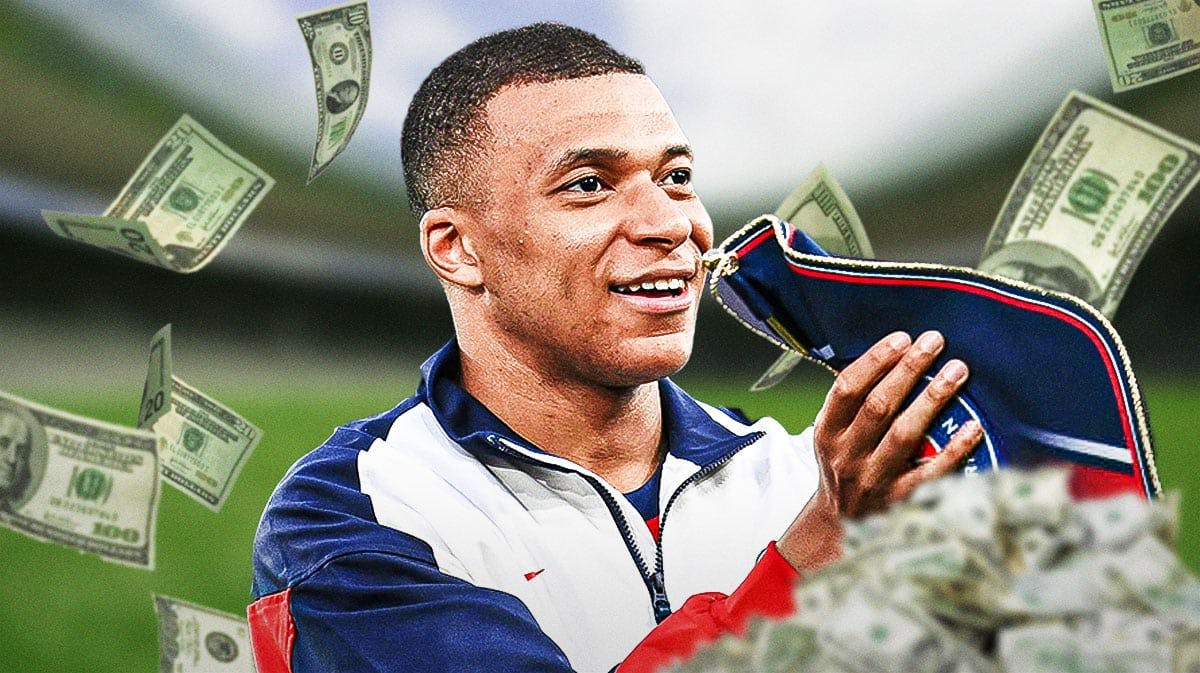 Kylian Mbappe smiling in front of the Real Madrid logo, money falling from the air