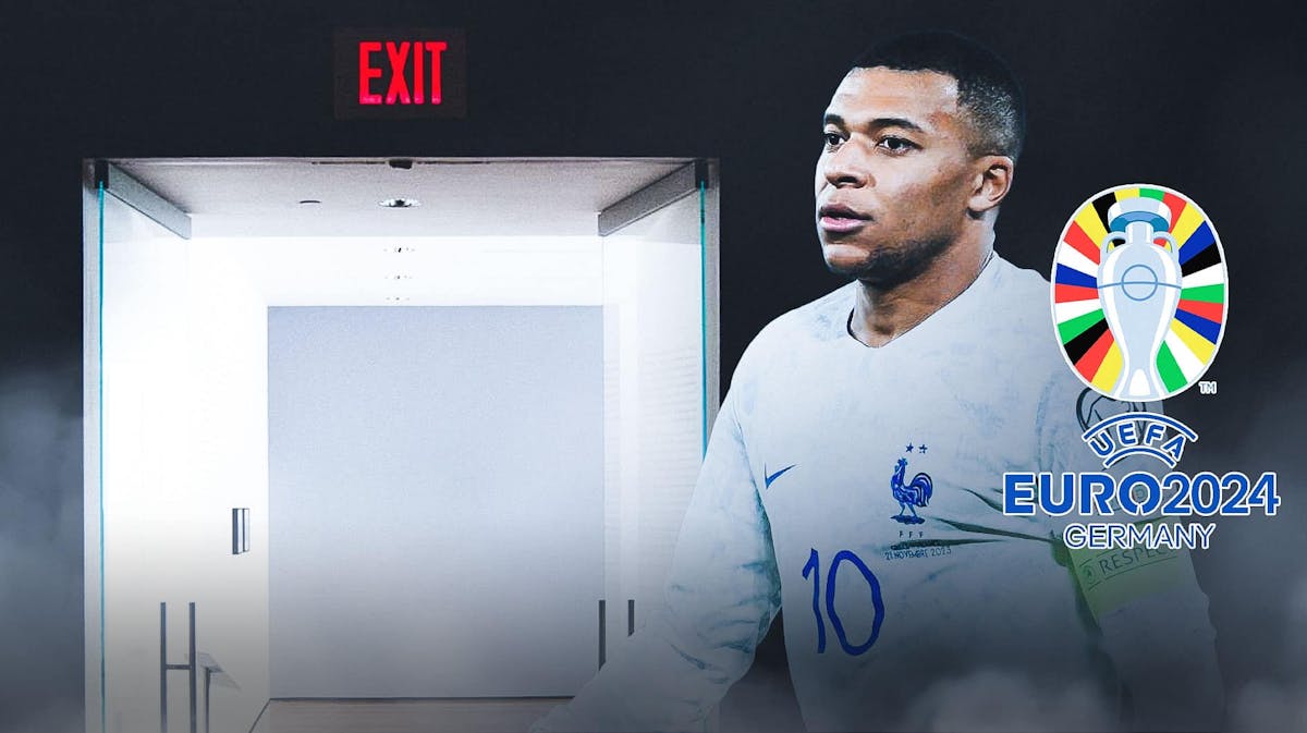 Kylian Mbappe next to an exit door and the Euro 2024 logo