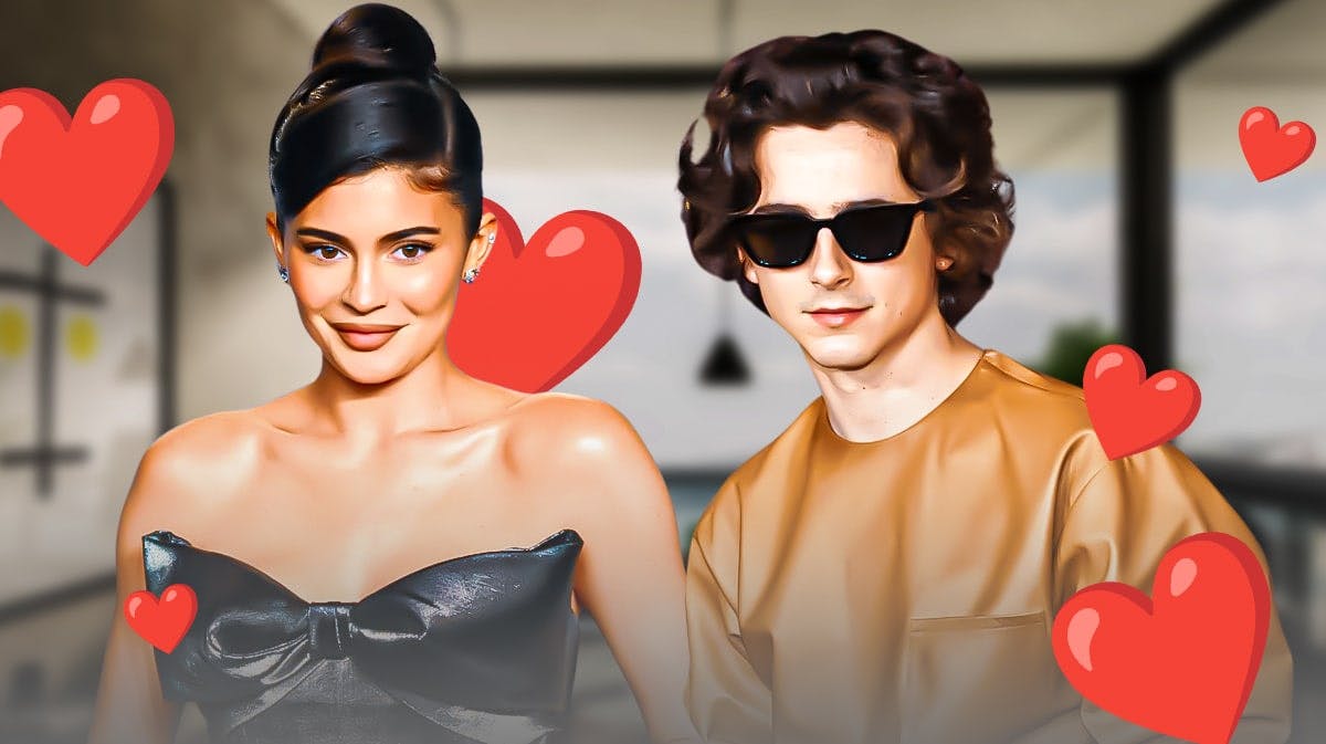Kylie Jenner and Timothee Chalamet surrounded by hearts.