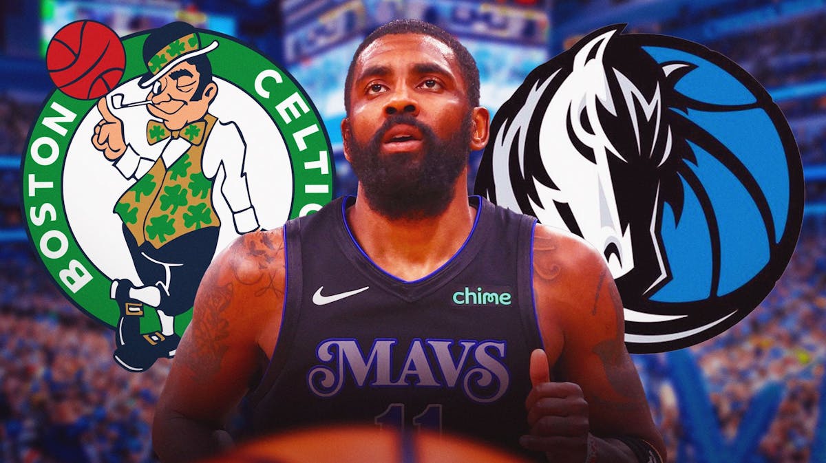 Mavericks Kyrie Irving in front looking serious. Close-up image. Place the Mavericks and Celtics 2024 logos in background.