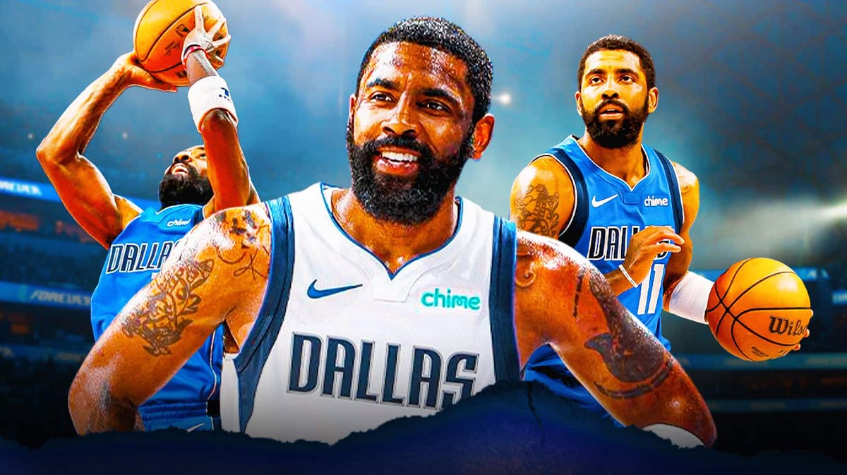 Mavericks Kyrie Irving smiling in front. In background, need Mavericks Kyrie Irving shooting a basketball on left, Mavericks Kyrie Irving passing a basketball on right.
