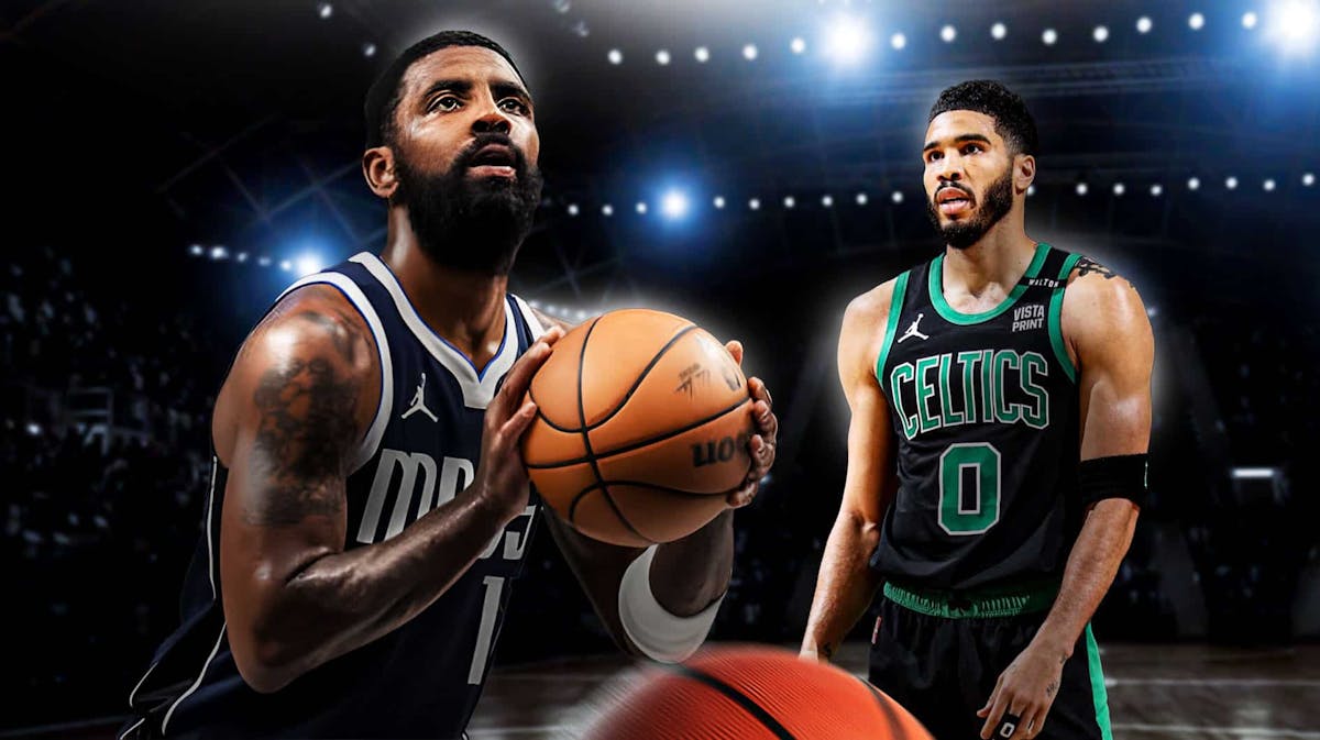 Mavericks' Kyrie Irving shooting a basketball on left. Celtics' Jayson Tatum looking at Irving on right.
