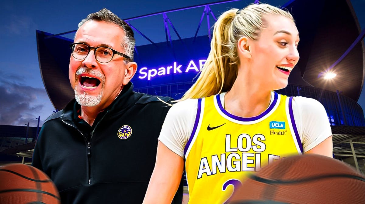 LA Sparks head coach Curt Miller alongside Cameron Brink with the Sparks arena in the background, injury