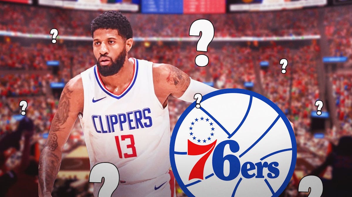 Paul George with 76ers logo near him. Question marks all around